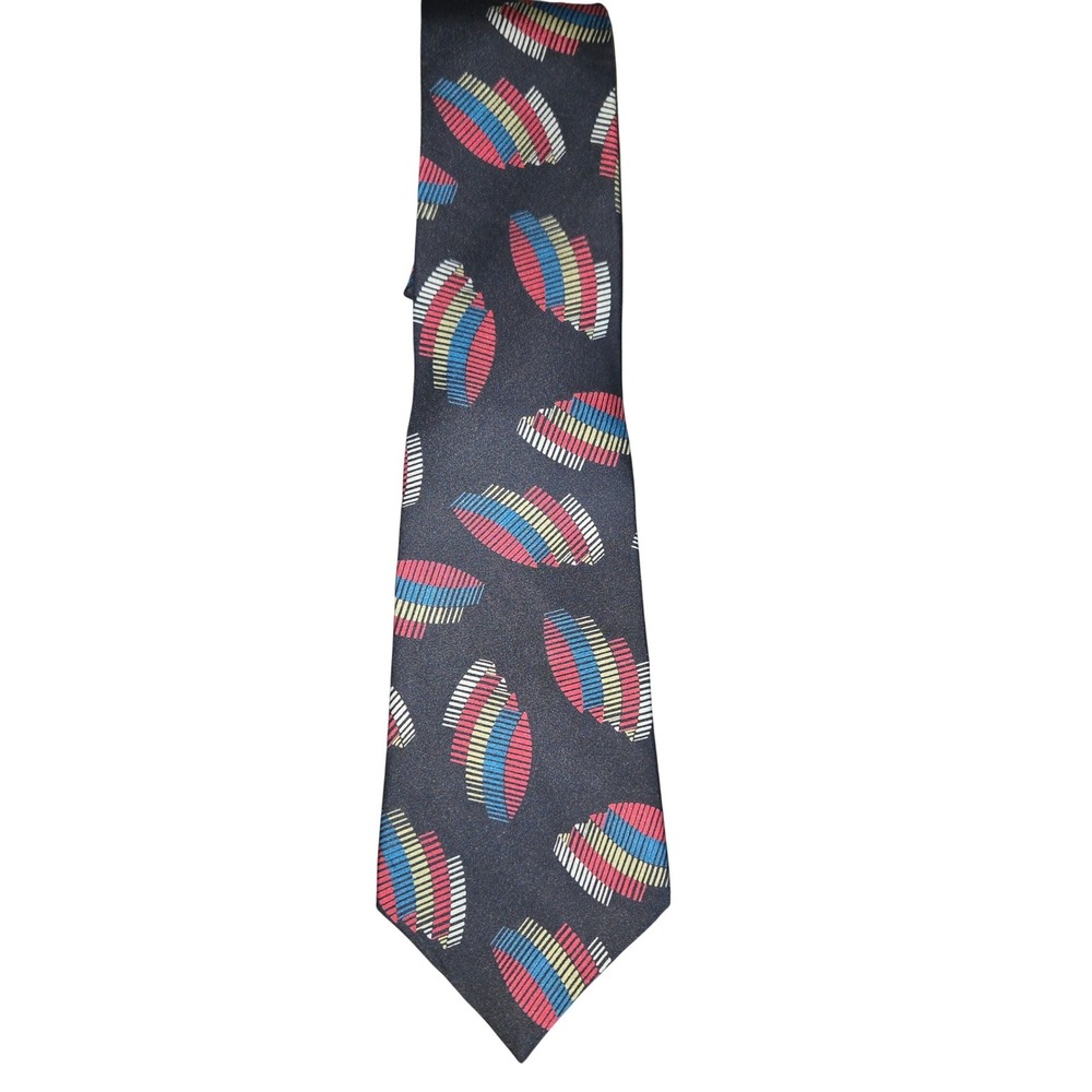 Claiborne Mens Silk Tie Black Geometric Abstract Red Blue Yellow Retro Made USA‎